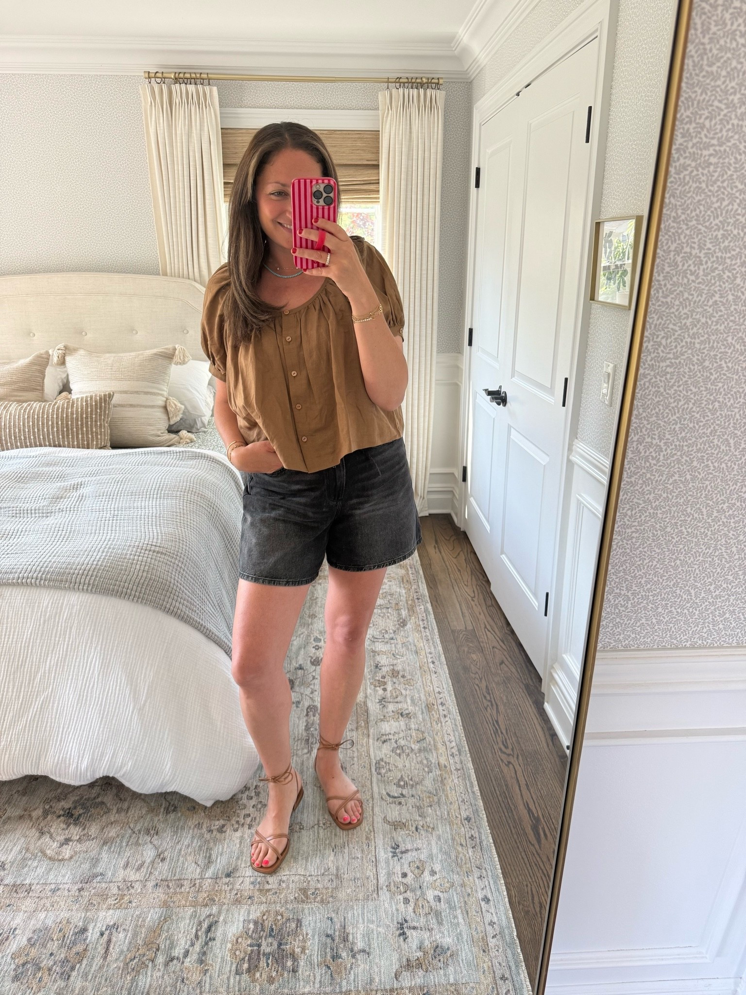 OOTD! The coolest black jean shorts (high waisted with a tie, true to size!) and a lightweight linen top. These wrap tie sandals are a splurge but I wear them nonstop and they look great with everything! Easy to dress up or down. Go up half a size in the sandals.
#LTKootd #LTKSeasonal #LTKdayinmylife

#LTKootd #LTKdayinmylife #LTKHome