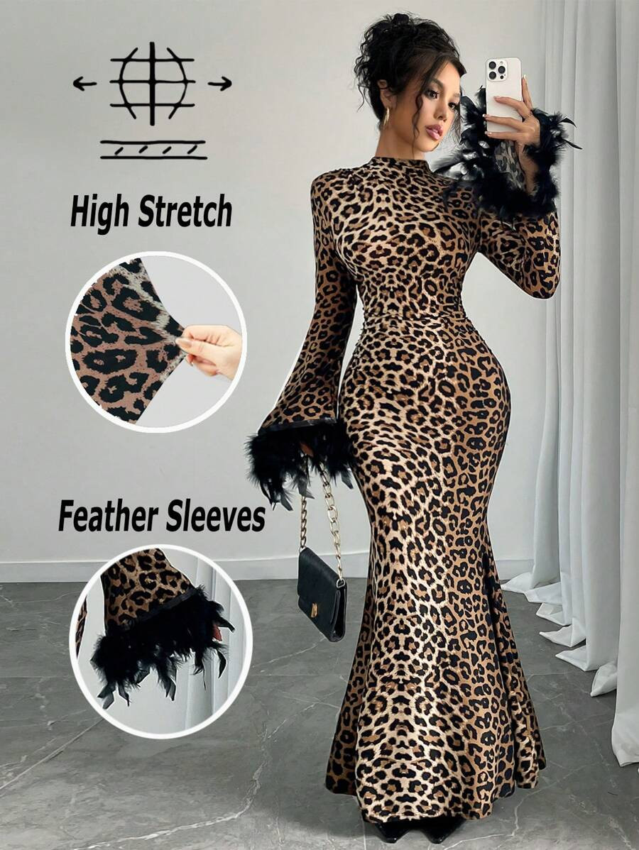 Rafferiza Women's Leopard Print Sexy Black Feather Splicing Bell Sleeves Elegant Holiday Party Au... | SHEIN