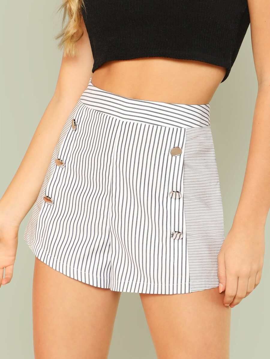 Button Embellished Striped Shorts | SHEIN