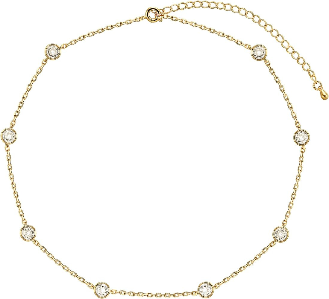 LecAit 14K Gold Plated Station Necklace for Women | CZ Diamond Choker Necklaces Gold | Simulated ... | Amazon (US)