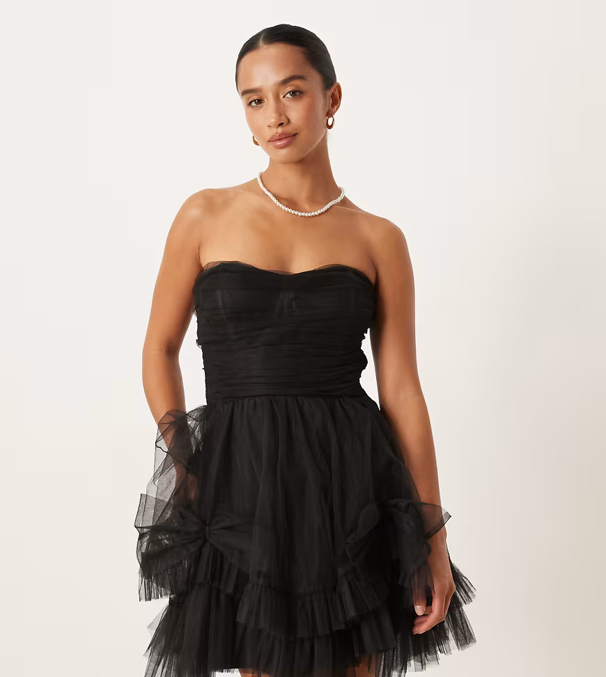 Lace & Beads Petite corset overlay tulle bow mini dress in black | ASOS (Global)