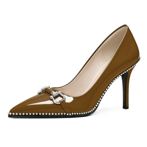 Soireelady Women Brown Heels High Heel Stiletto Pumps Pointed Toe Slip On Buckle Bow Dress Shoes 3.5 Inches US Size 12 | Amazon (US)