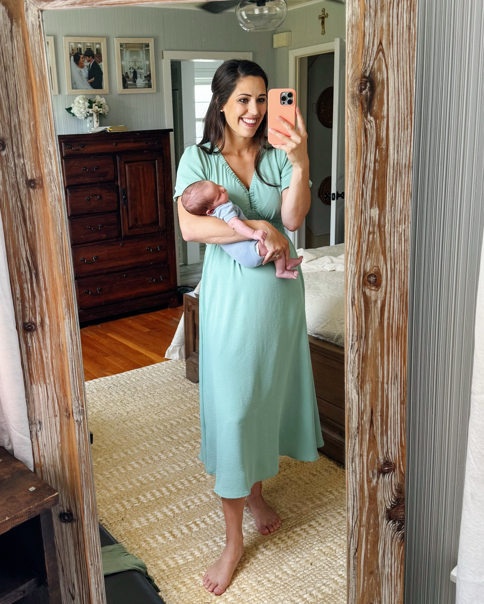 Amazon find! Perfect light Spring + Summer dress that is maternity, breastfeeding, and postpartum friendly🫶🏽  Flirty neckline or clip at the chest for additional modesty (clipped in photo) 

Wearing a size small, close match to Apple Jade for HOC Autumns🍂 

#LTKBump #LTKBaby #LTKFindsUnder50