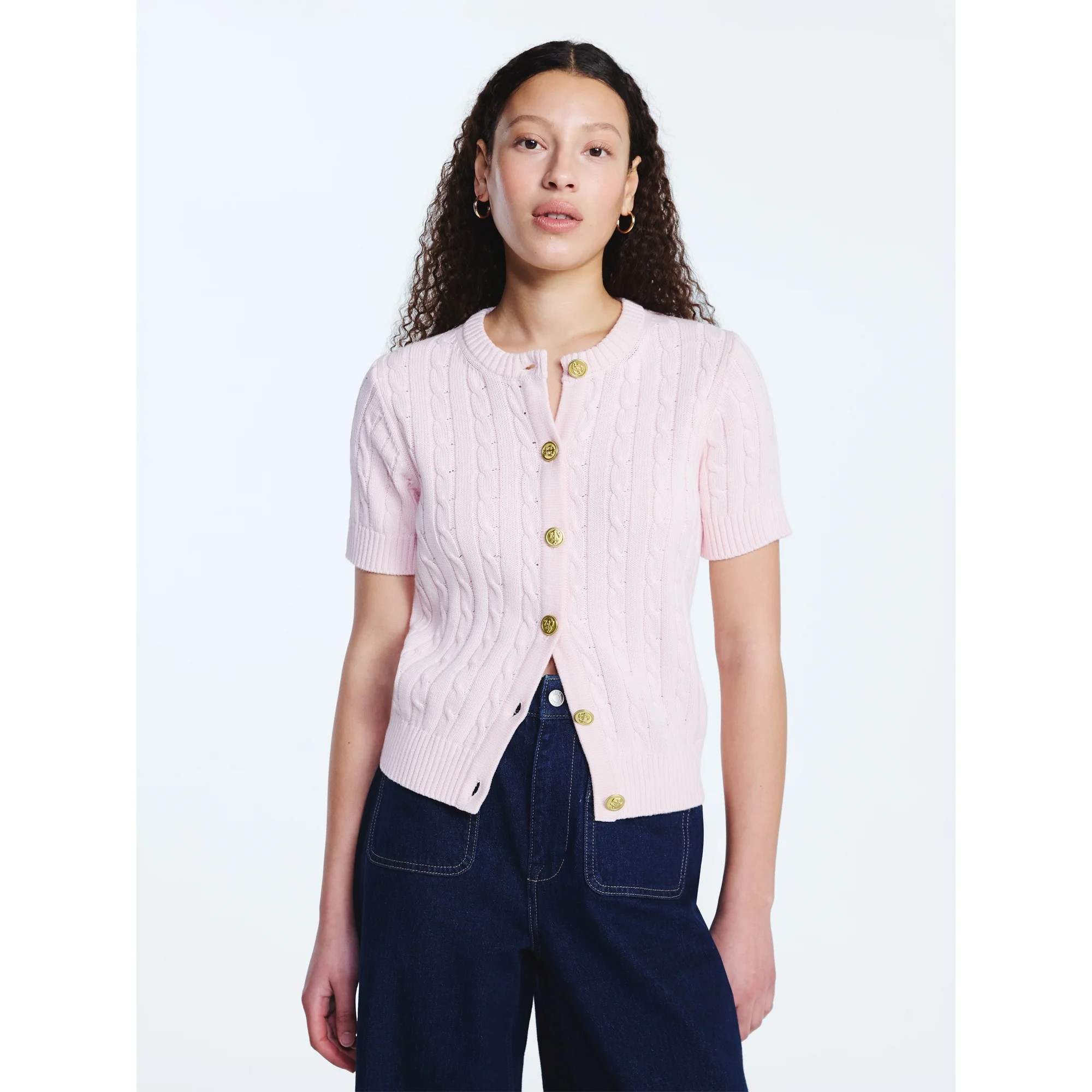 Free Assembly Women's and Women's Plus Cable Knit Cardigan Sweater with Short Sleeves, Lightweigh... | Walmart (US)