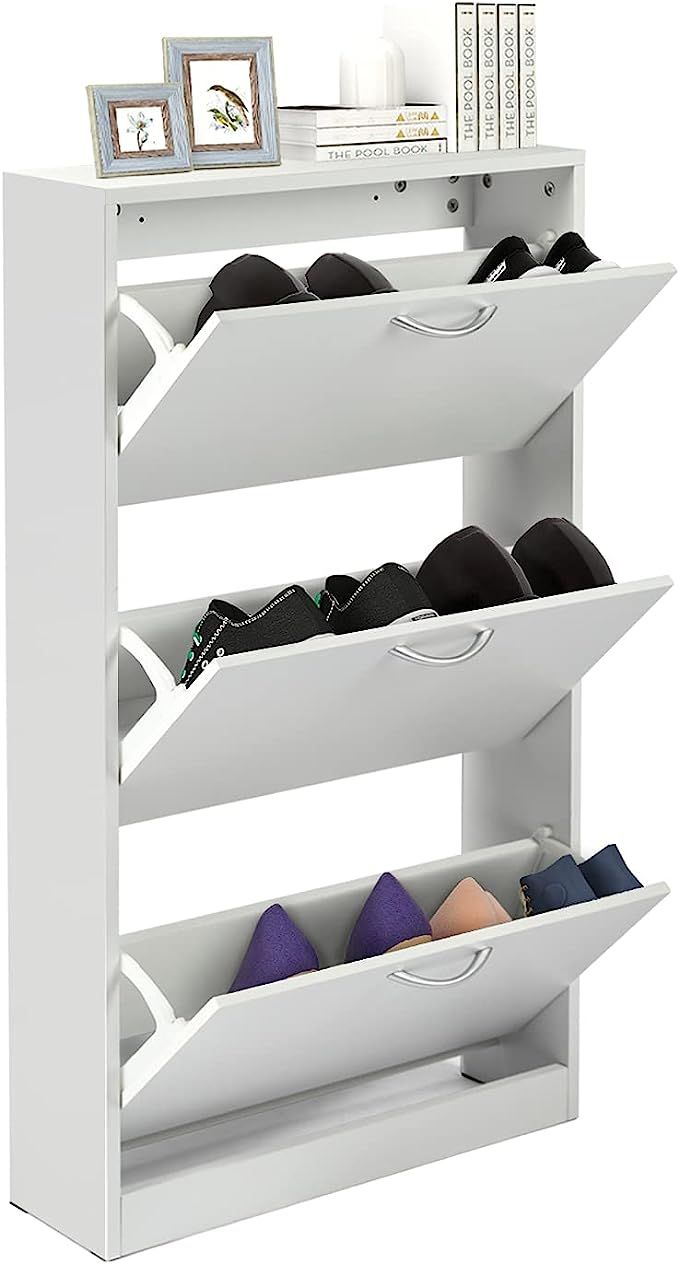 HOPUBUY Shoe Cabinet for Entryway, White Narrow Shoe Storage Cabinet Flip Down Shoe Rack Wood 3 T... | Amazon (US)