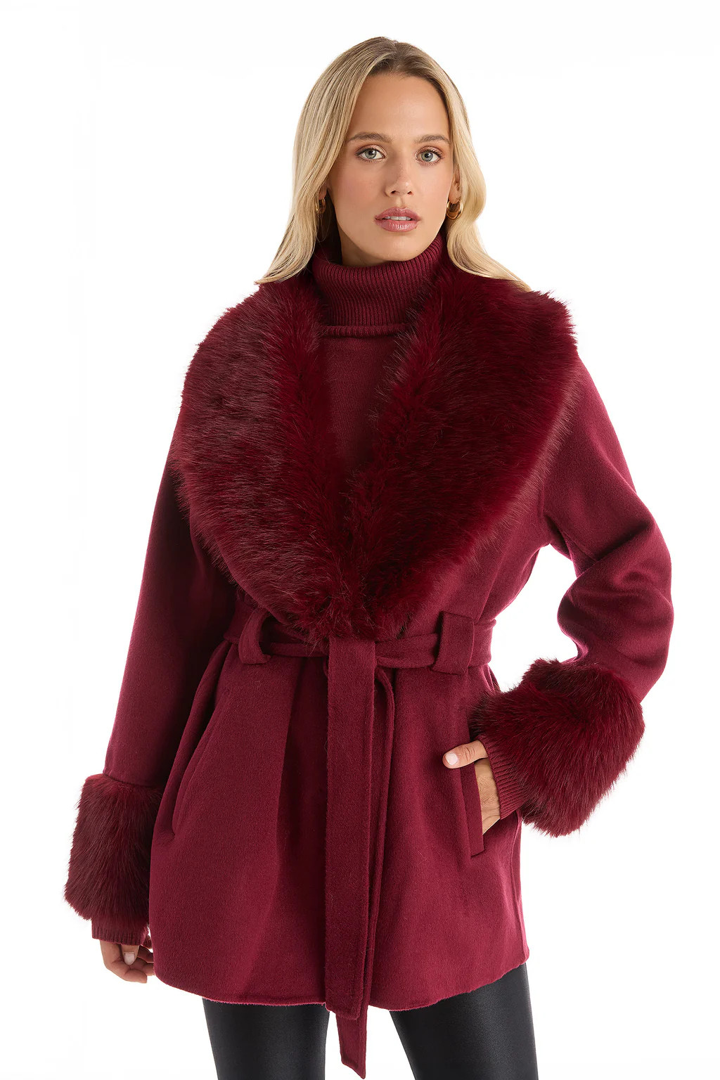 Isabel Fur Trim Coat - Merlot | The Noli Shop