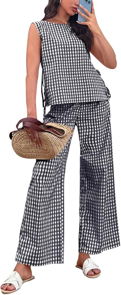 Tankaneo Womens Summer 2 Piece Sets Gingham Side Tie up Tank Tops and Wide Leg Pants Vacation Bea... | Amazon (US)