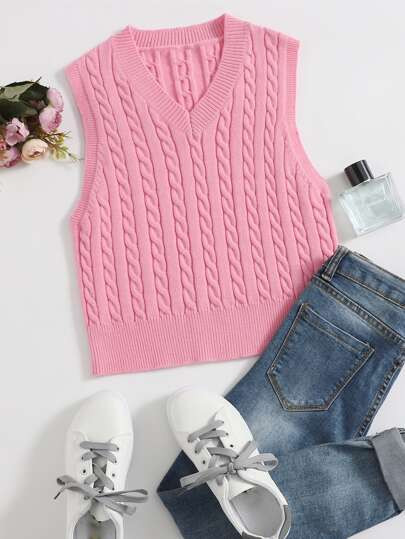 Cable Knit V-neck Sweater Vest | SHEIN