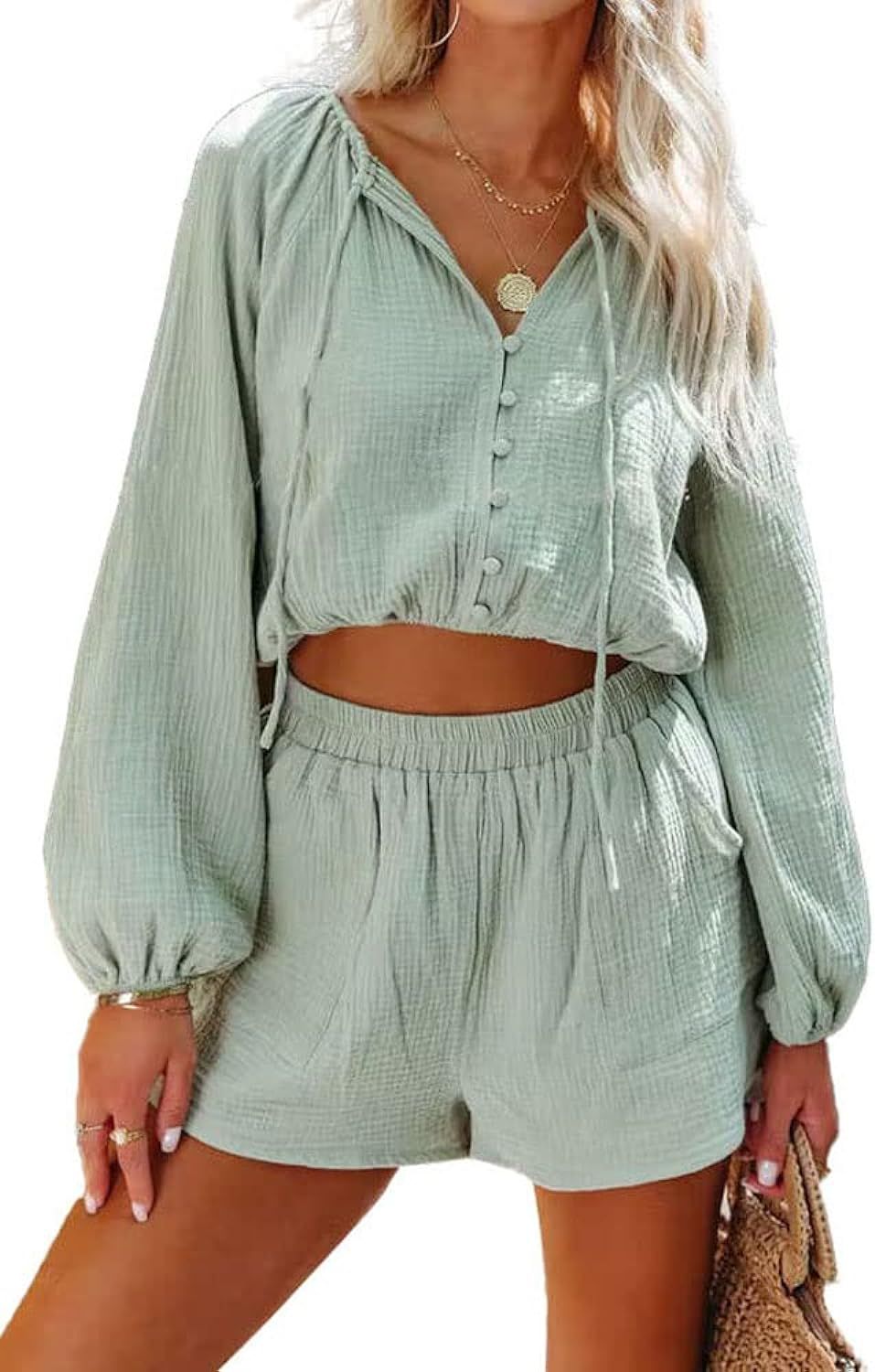 BZB Women's Lounge Sets Button V Neck Long Sleeve Top and High Waist Shorts 2 Piece Pajama Suit Casu | Amazon (US)