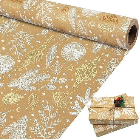 MAMUNU Christmas Wrapping Paper, Brown and Gold Foil Kraft Gift Wrapping Paper Roll, Christmas Wr... | Amazon (US)