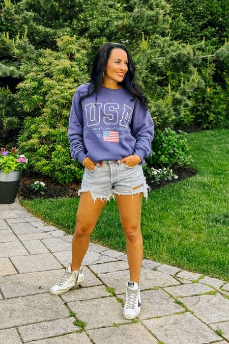 USA sweatshirt with cut off denim shorts and sneakers 

#LTKStyleTip #LTKSeasonal #LTKFindsUnder50