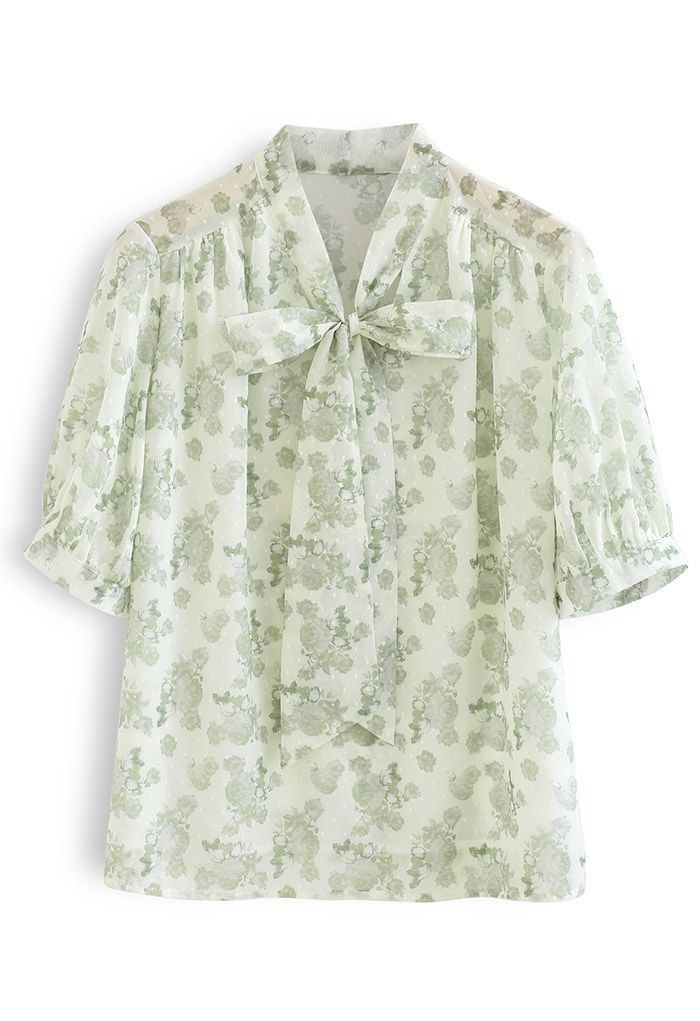 Rose Print Flock Dots Bowknot Chiffon Shirt in Green | Chicwish
