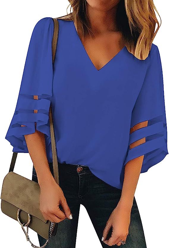 LookbookStore Women's V Neck Mesh Panel Blouse 3/4 Bell Sleeve Loose Top Shirt | Amazon (US)