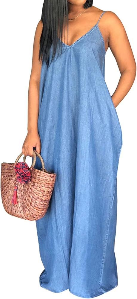 Women's Sexy Maxi Denim Dresses Casual Spaghetti Strap Striped Long Sundress Wiht Pockets | Amazon (US)