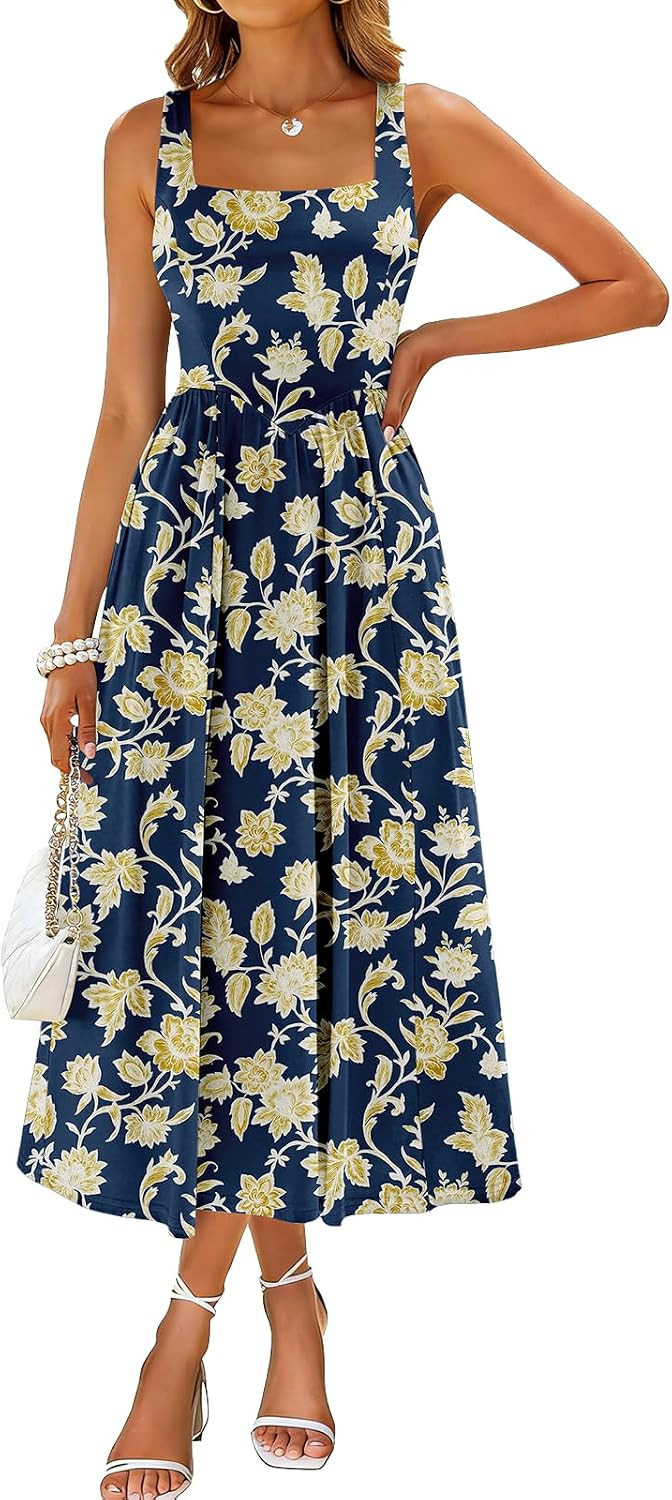 Sureple Midi Dresses for Women 2026 Spring Square Neck Tank Sleeveless A Line Casual Summer Sundresses with Pockets | Amazon (US)