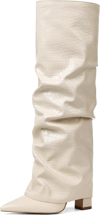 SaraIris Women's Slouchy Knee High Boots - Black, Pointed Toe, Fold Over, Chunky, Shark Boots | Amazon (US)