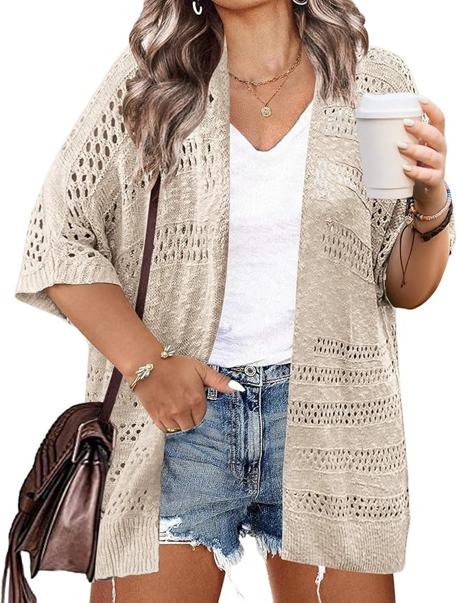 IN'VOLAND Plus Size Lightweight Crochet Cardigan for Women Short Sleeve Summer Kimonos Boho Open ... | Amazon (US)