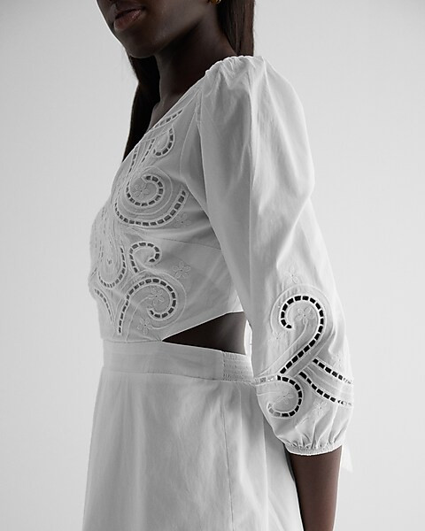 Embroidered Eyelet V-Neck Tie Back Poplin Mini Dress | Express