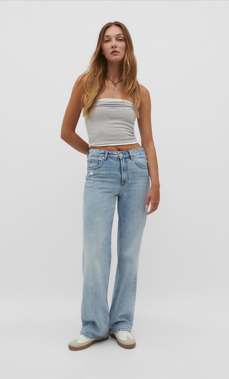 High-waist straight wide-fit jeans with a five-pocket design. Zip fly and metal top button fasten... | Stradivarius (UK)