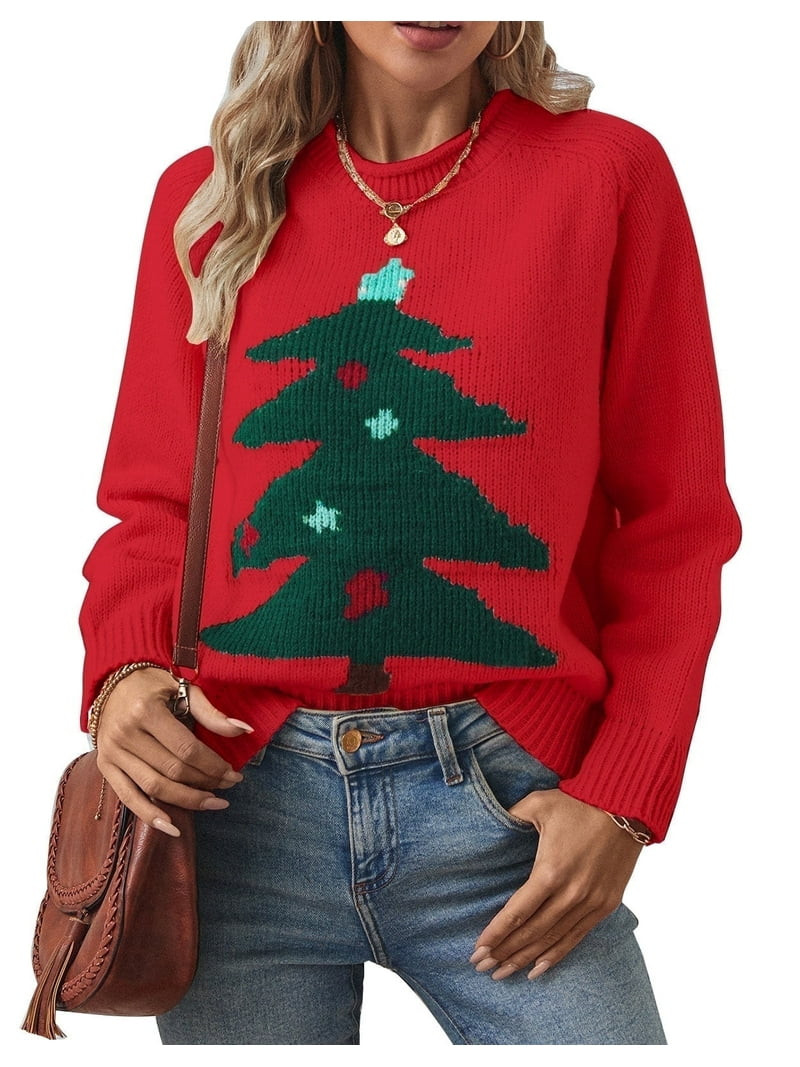 Womens Sweaters Crew Neck Pullover Festive Christmas Tree Sweaters for Womens Cozy Cream Knit wit... | Walmart (US)