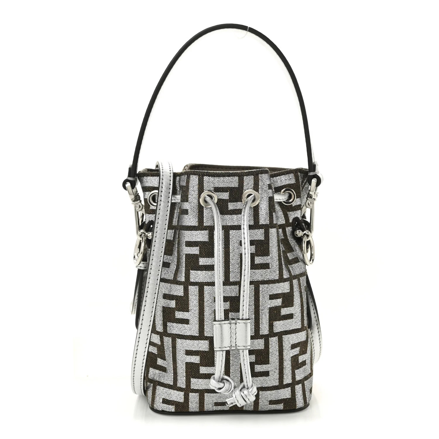 Fendi Vitello Catalan Mirror Canvas Fabric Jacquard FF 1974 Mini Mon Tresor Bucket Bag Ebano Arge... | FASHIONPHILE (US)