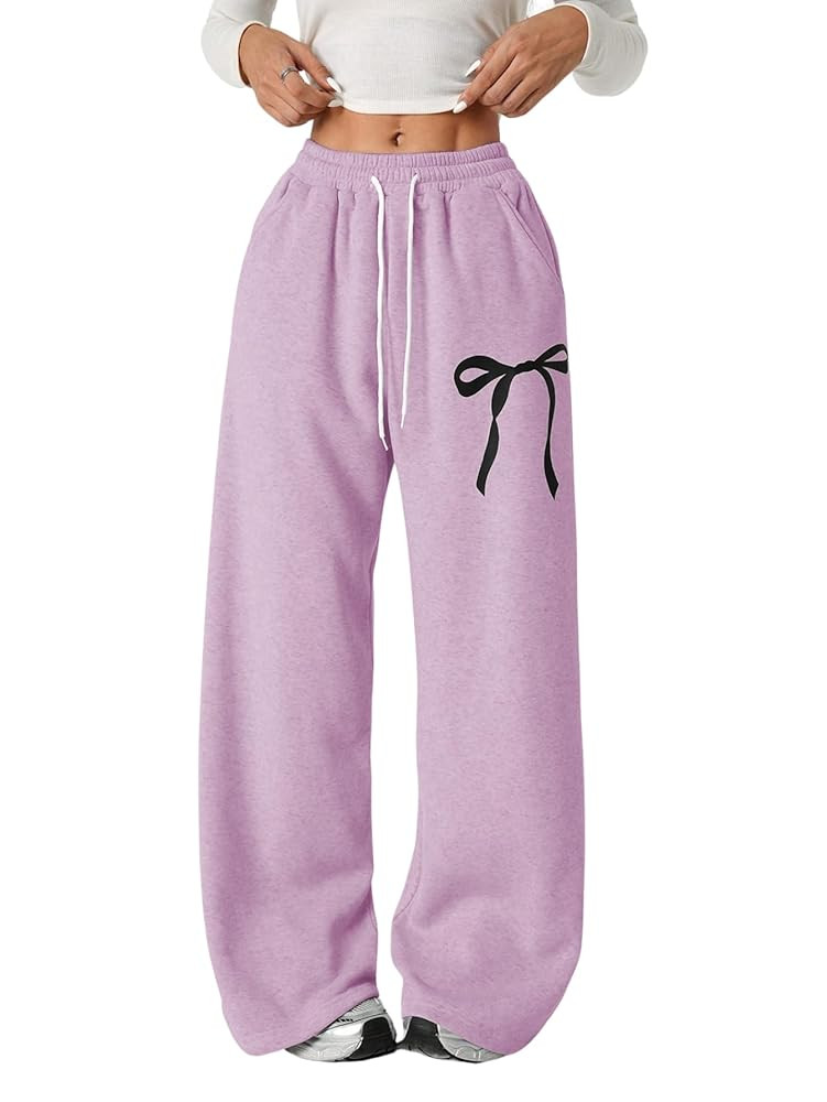 Verdusa Girl's Bowknot Baggy Sweatpants Lightweight Straight Leg Athletic Pants with Pockets | Amazon (US)