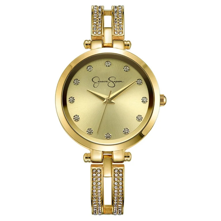 Jessica Simpson Ladies 34mm Gold Tone Crystal Accent Double Arm Bangle Adjustable Watch | Walmart (US)
