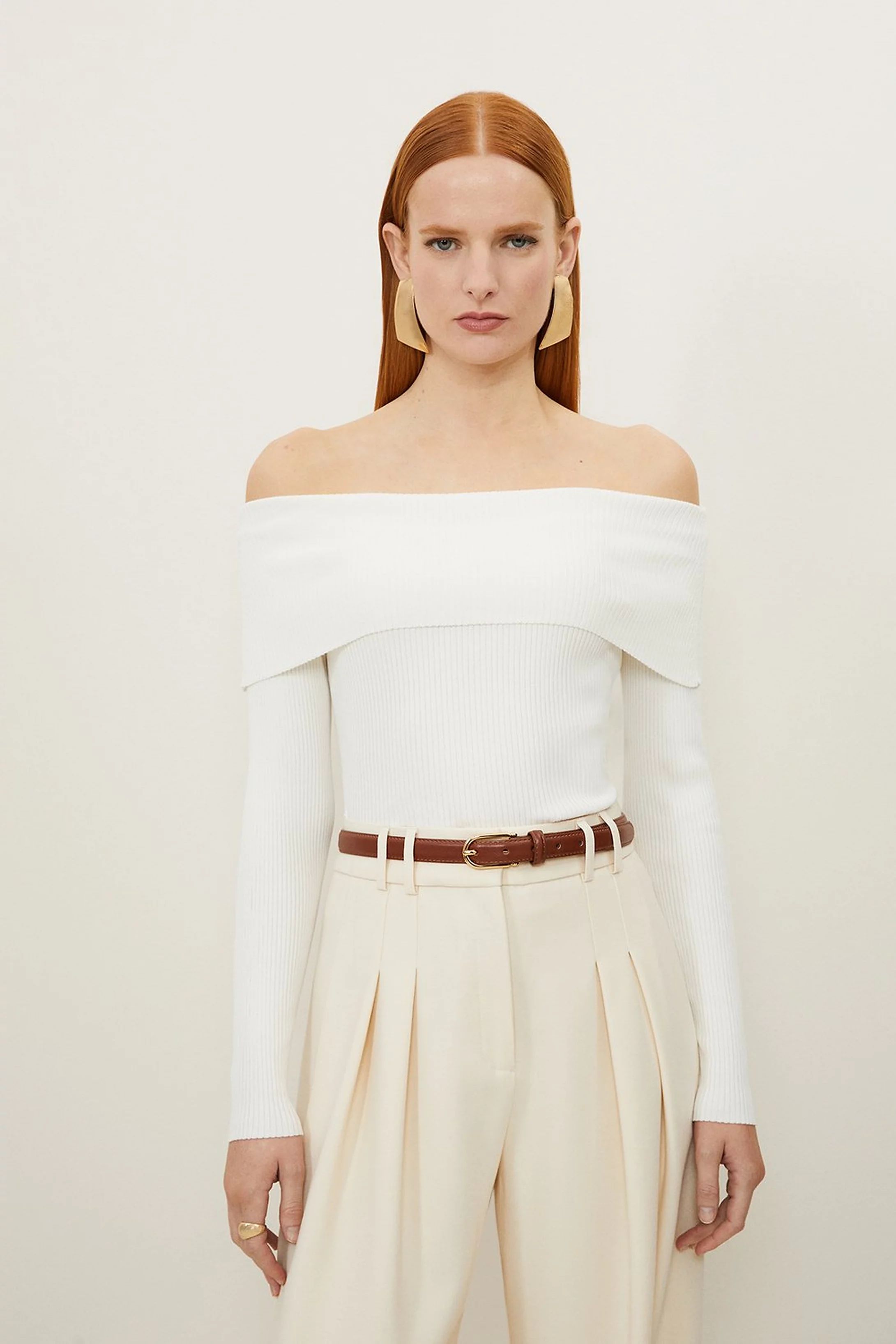 Light Weight Summer Knit Ribbed Off The Shoulder Top | Karen Millen US