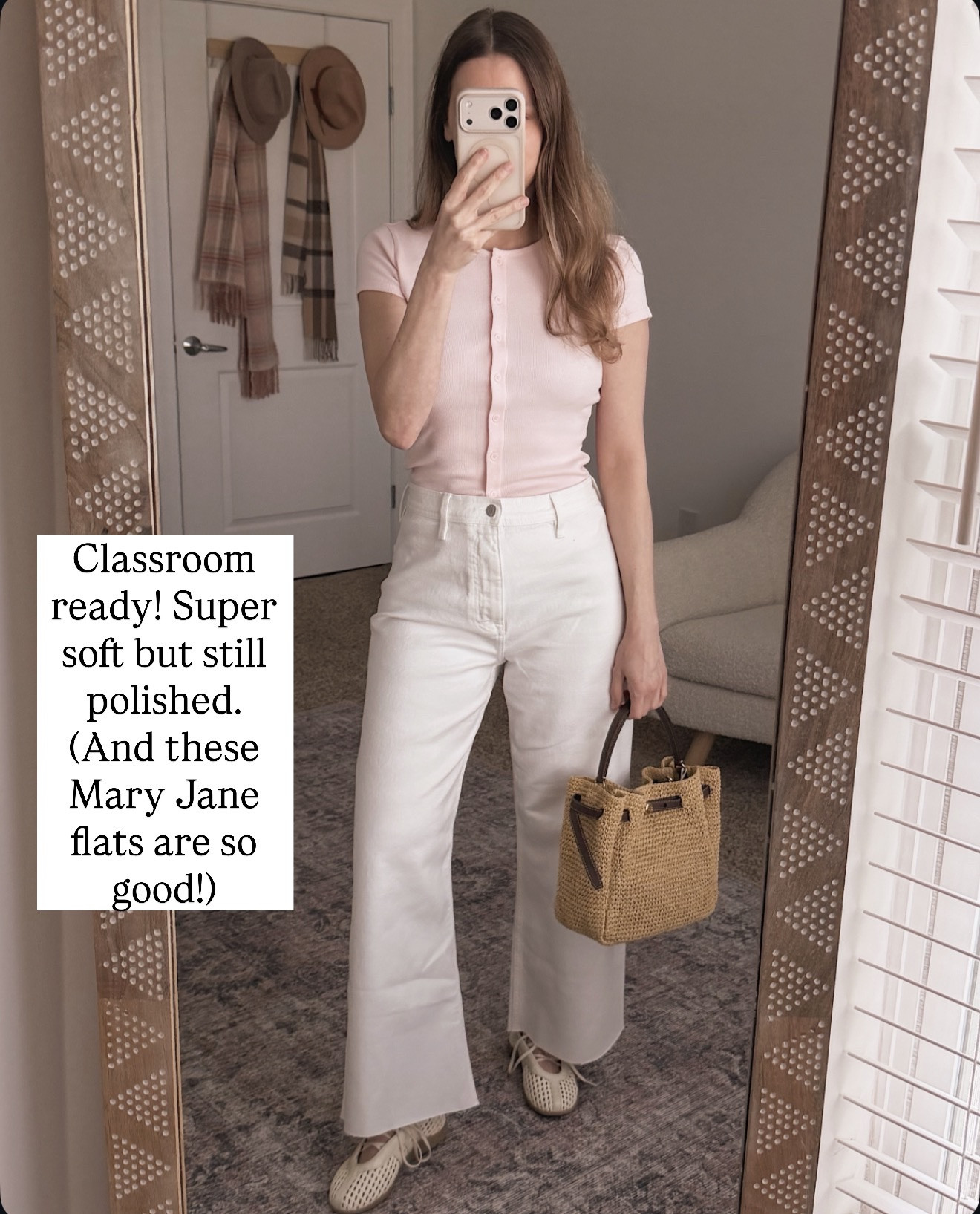 This is such an easy polished outfit and still comfortable enough for all day wear.

teacher outfit ideas, classroom outfit, work outfit ideas, spring workwear, casual chic outfit, pink top outfit, white jeans outfit, mary jane flats, raffia bag, comfortable work outfit, womens fashion outfit

#LTKMothersDay #LTKOver40 #LTKSeasonal