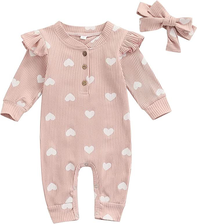 My First Valentines Day Baby Girl Outfit Newborn Long Sleeve Button Jumpsuit Heart Knit Bodysuit ... | Amazon (US)