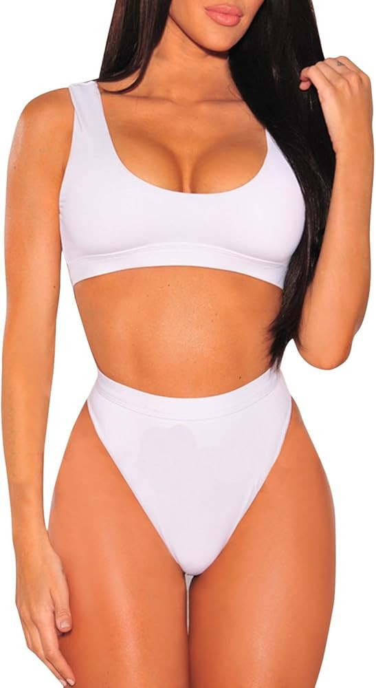 Pink Queen Women's Crop Top High Waisted Cheeky Bikini Set Two Piece Swimsuits | Amazon (US)