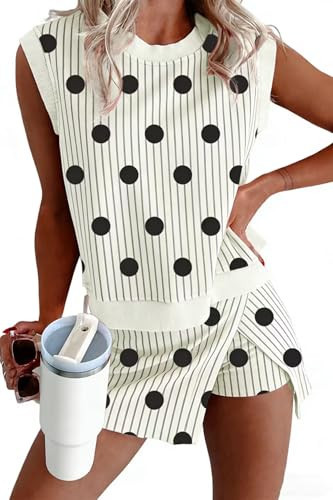 KevaMolly Womens Lounge Sets Striped Polka Dot Ribbed Trim Tank Split Mini Skort 2pcs Set Sleeveless Two Piece Sets Striped Polka Dot XXL | Amazon (US)