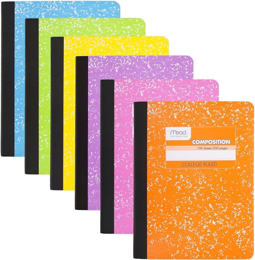 Mead Composition Notebooks, 6 Pack, College Ruled Paper, 7-1/2" x 9-3/4", 100 Sheets, Assorted Br... | Amazon (US)