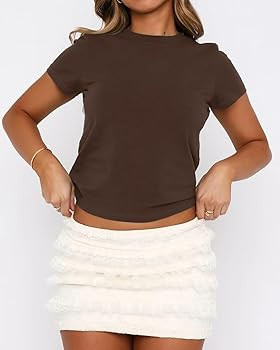 Women's Basic Summer Short Sleeve Crewneck T-Shirts Y2K Cute Going Out Tops Baby Tee | Amazon (US)