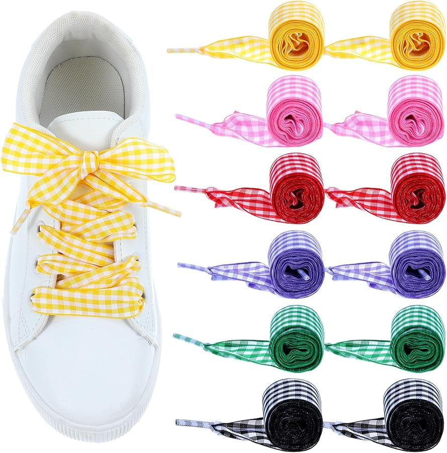 6 Pair Satin Ribbon Shoe Laces for Sneakers, Colored Gingham Flat Shoelaces for Women Cute Funny ... | Amazon (US)