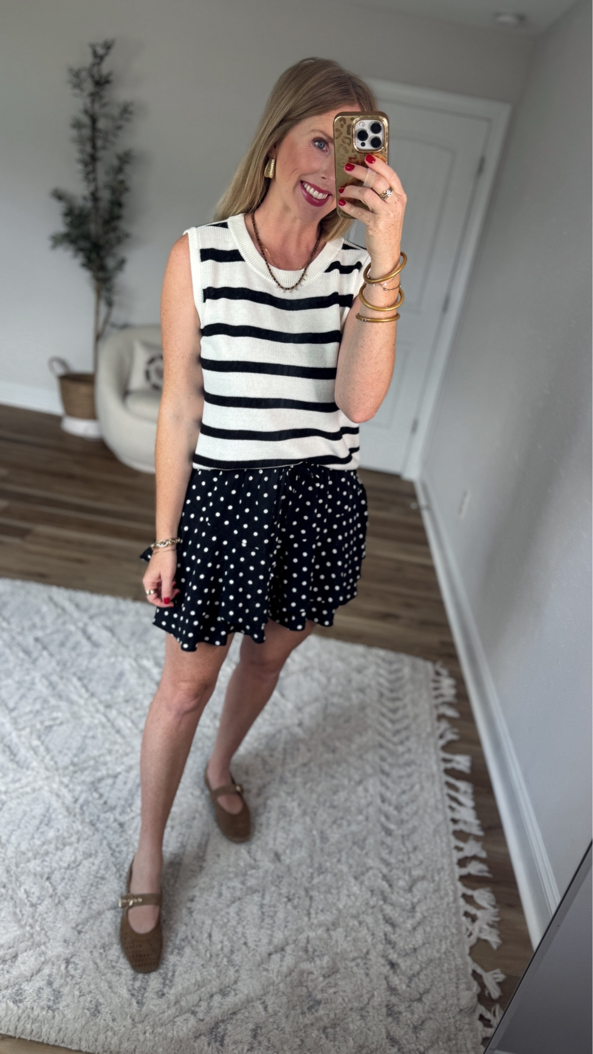 Daily try on, Walmart outfit, Walmart fashion, Walmart style, print mix, striped sweater, polka dot skort

#LTKootd