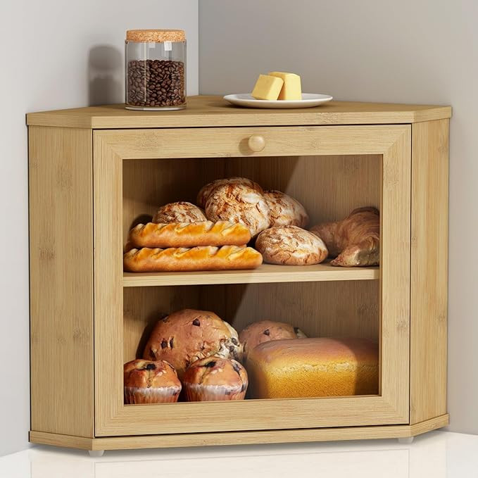 Bamboo Corner Bread Box for Kitchen Counter, 2 Tier Bread Keeper Wooden Round, Farmhouse Bread St... | Amazon (US)