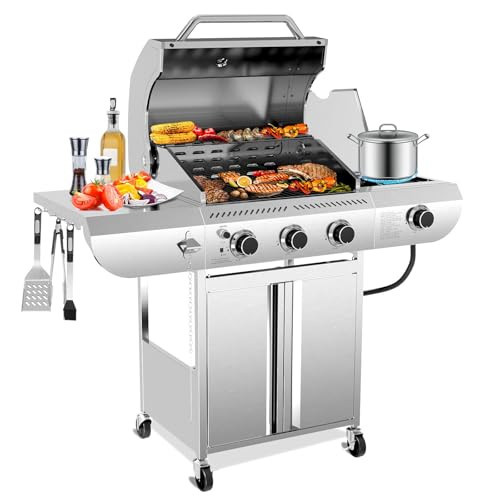 Electactic 3-Burner Propane Gas Grill with Side Burner – 34,000 BTU Stainless Steel Outdoor BBQ Grill, Cast Iron Grates, Portable with Wheels for Patio, Camping | Amazon (US)
