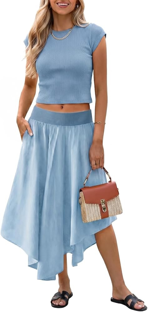 Tankaneo Womens 2 Piece Skirt Set Summer Casual Cap Sleeve Ribbed Crop Tops Midi Dress Vacation O... | Amazon (US)