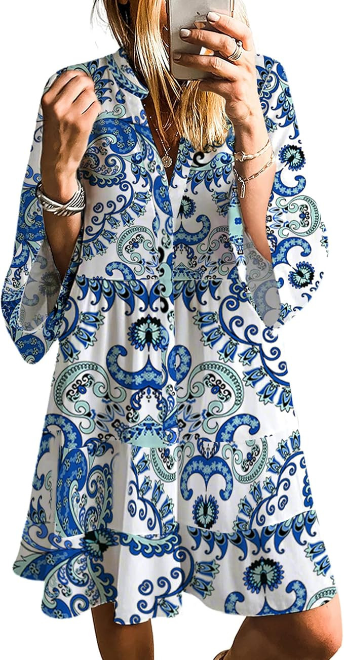 SELINK Womens Long Sleeve Dresses Casual V Neck Tribal Print Button Flowy Boho Mini Beach Dress | Amazon (CA)