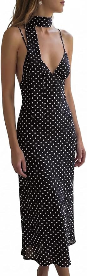SISKIN Women Summer V Neck Backless Polka Dot Maxi Dress | Amazon (US)