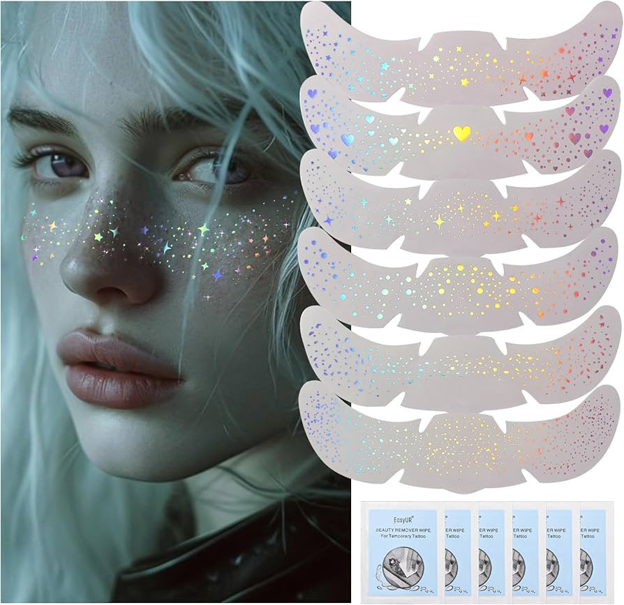6 pcs Holographic Multichrome Glitter Freckles Face Tattoo, Waterproof Sparkle Face Glitter Speck... | Amazon (US)