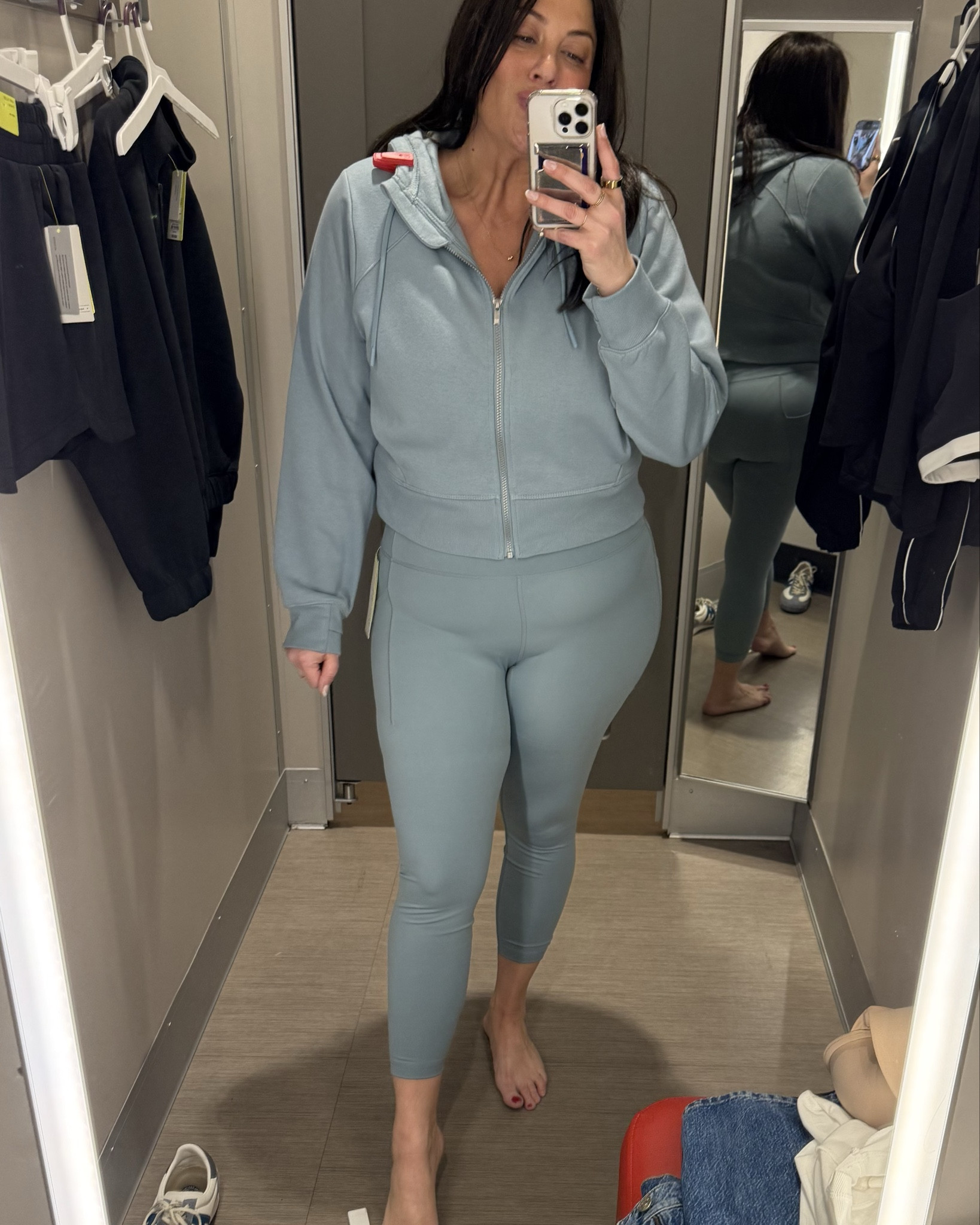 A cute little set matching bra tank and leggings with zip up. Britt and I both agreed to size up in this style of legging but true size in top and sweatshirt 

#LTKSaleAlert #LTKFitness #LTKMidsize