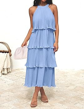 ZESICA Women's 2025 Summer Sleeveless Halter Neck Ruffle Tiered Layed Chiffon Flowy Swing Long Mi... | Amazon (US)