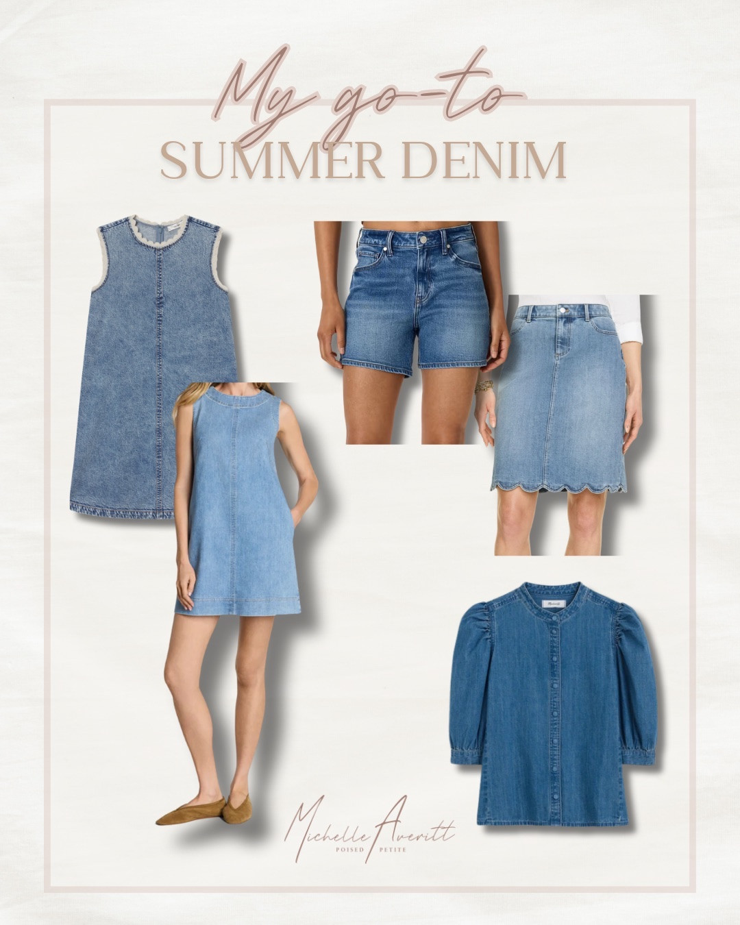Denim has become my go-to for easy summer dressing because it always feels timeless but still laid-back enough for warm days!

I’ve been loving denim dresses lately for that effortless, elevated one-and-done outfit, along with classic denim shorts and skirts that pair with everything in my closet. A versatile denim blouse has also been on repeat, perfect for styling up or down depending on the day. It’s all about pieces that feel relaxed but still put together, making summer outfits feel simple, polished, and endlessly wearable.

Denim must haves, summer denim, jean outfit

#LTKPetite #LTKOver40 #LTKootd