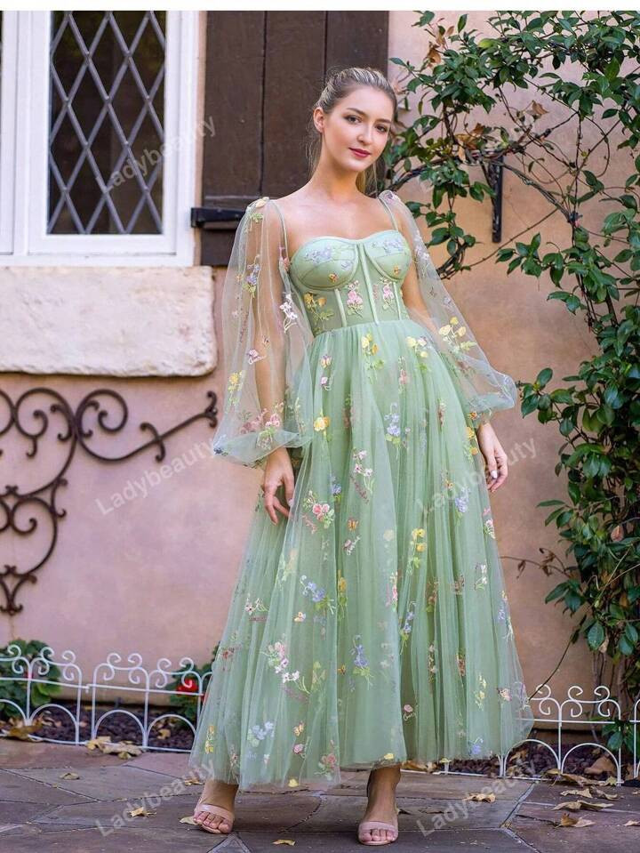 Romantic Vintage Green Prom Dress With Princess Lantern Sleeves, Bustier Party Dress Wedding Guest Dress | SHEIN