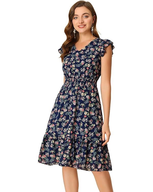 Allegra K Women's Floral Dress Flutter Sleeves 2023 V Neck Smocked Ruffle Dress | Amazon (US)