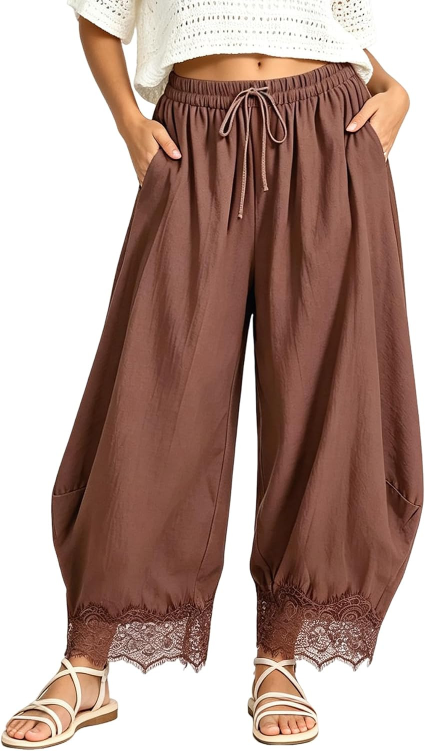 Women's Cropped Lace Hem Wide Leg Pants Flowy High Waist Palazzo Trousers | Amazon (US)