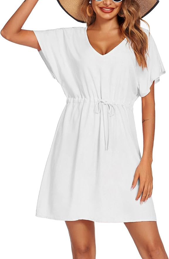 Ekouaer Women's Cover Up Short Sleeve Beachwear Coverups Loose V-Neck Bikini Beach Tunic Top | Amazon (US)
