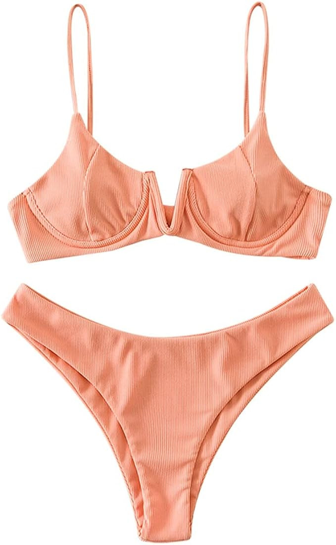ZAFUL Bikini Ribbed V Wired Cami Swimwear Solid Color Adjustable Straps Bathing Suits for Women | Amazon (US)